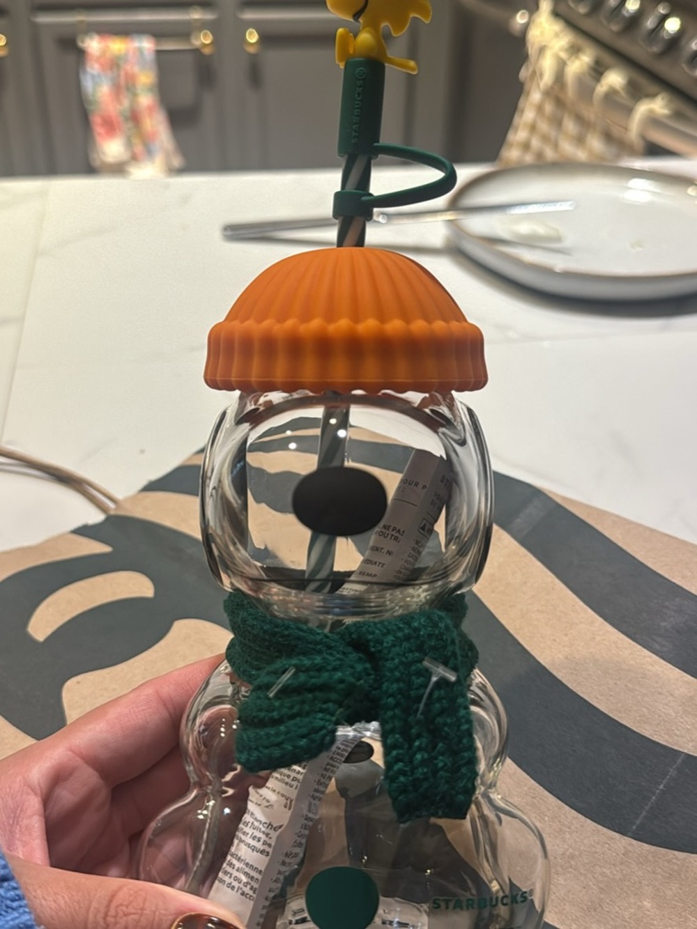 Starbucks/Peanuts Orange-Top Glass Bottle with Green Knit Sleeve and Straw - Picture 2 of 5